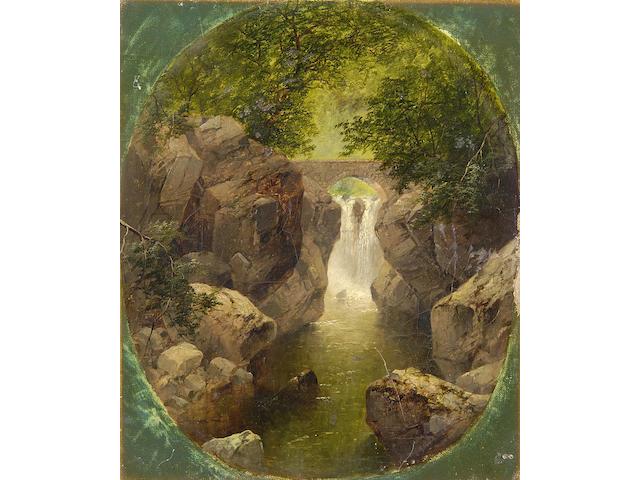 Attributed to John Brandon Smith (British, 1848-1884) River scene with bridge and waterfall, 30 x 25cm oval.