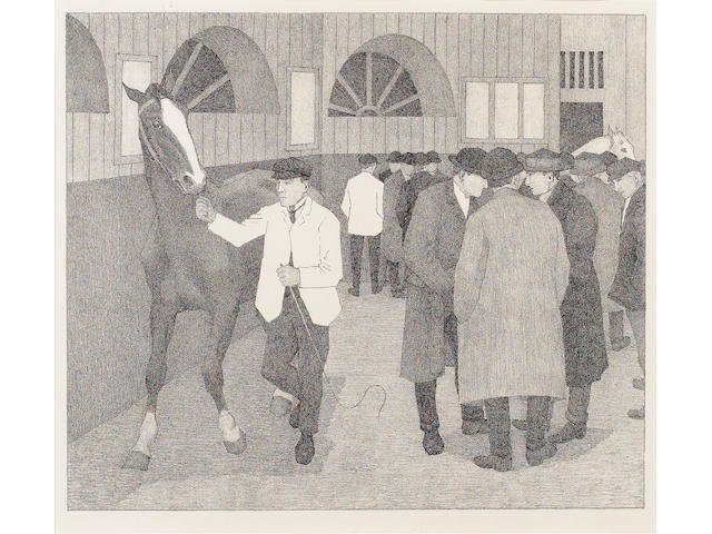 Robert Bevan (British, 1865-1925) The Horse Dealers Lithographs, 1919, the complete set of four, two on laid, (Wards Repository No 1 on watermarked 'Antique Deluxe') two on wove, each with the Studio stamp; each with wide margins, faint mount staining, Wards Repository No.2 stuck down at sheet edges, otherwise all in good condition, 273 x 375mm (10 3/4 x 14 3/4in)(I) 4
