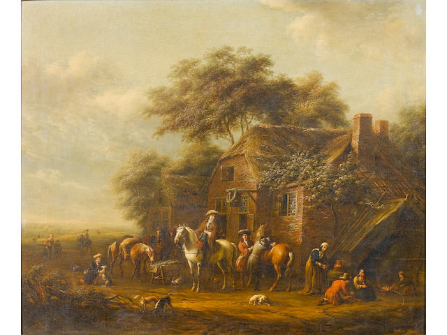Barend Gael (Haarlem circa 1635-1698) Huntsmen and their dogs outside a country inn