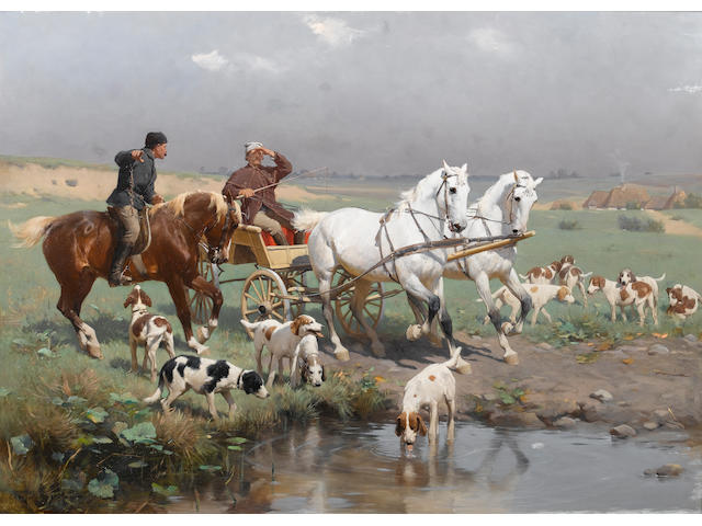 Sigismund Ajdukiewicz (Austrian, 1861-1917) The halt 56 x 77.5 cm. (22 x 30 1/2 in.)