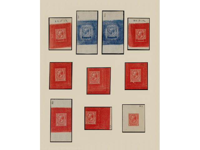 Proofs: 1d. stage 5 die proof in red cut close at left, with uncleared surround with white guide lines, stepped at left, on gummed Crown sideways watermarked paper, manuscript "869".