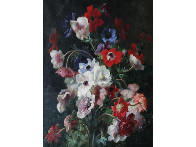 Jean Benner (French, 1836-1909) White, red and blue anenomes