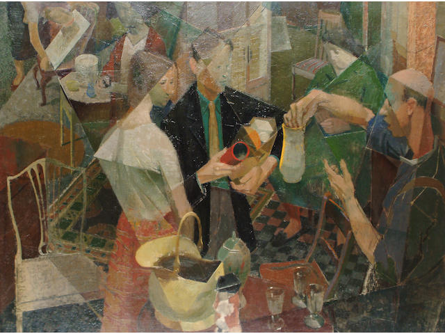 Norman Blamey (British, 1914-2000) Parish Bazaar (hand written label verso says Exhibited Royal Academy 1949)