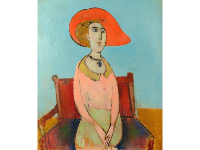 Stella  Steyn (British, 1907-1987) Seated woman in a red hat (The model is depicted seated on a Gerrit Rietveld chair, a reference to her days spent at the Bauhaus from 1931-1932)