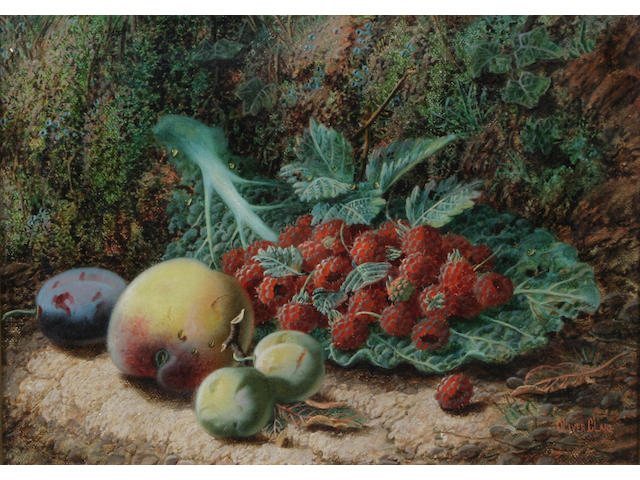 Oliver Clare (British, 1853-1927) Raspberries on a cabbage leaf, greengages, a plum and a peach against a mossy bank; Black grapes, apples, gooseberries and strawberries against a mossy bank