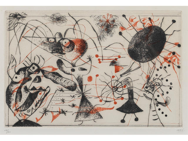 Joan Miro (Spanish, 1893-1983) S&#233;rie Noire et Rouge Etching, 1938, one from the series, printed in black and red, on Arches paper, signed and numbered 19/30 in pencil, with wide margins; faint time and mount staining, two areas of insect damage centre and lower left each between 2-3mm diameter where the surface of the paper has been removed, one other larger area nearer the centre of the image and to the right 5mm diameter,  165 x 257mm (6 1/2 x 10 1/8in)(PL)