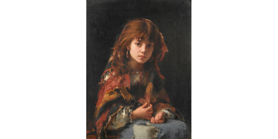 Alexei Alexeevich Harlamoff (Russian, 1840-1925) Portrait of a young girl in a shawl 65 x 49 cm. (25 1/2 x 19 1/4 in.)