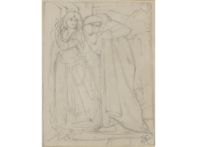 Attributed to Dante Gabriel Rossetti (British, 1828-1882) Dante and Beatrice 9 7/10 x 13 cm (3 7/8 x 5 1/8 in.)