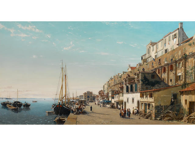 Jean Baptiste van Moer (Belgian, 1819-1884) Mediterranean quayside at Split with fishing boats and figures signed 'B. Van Moer' (lower right)