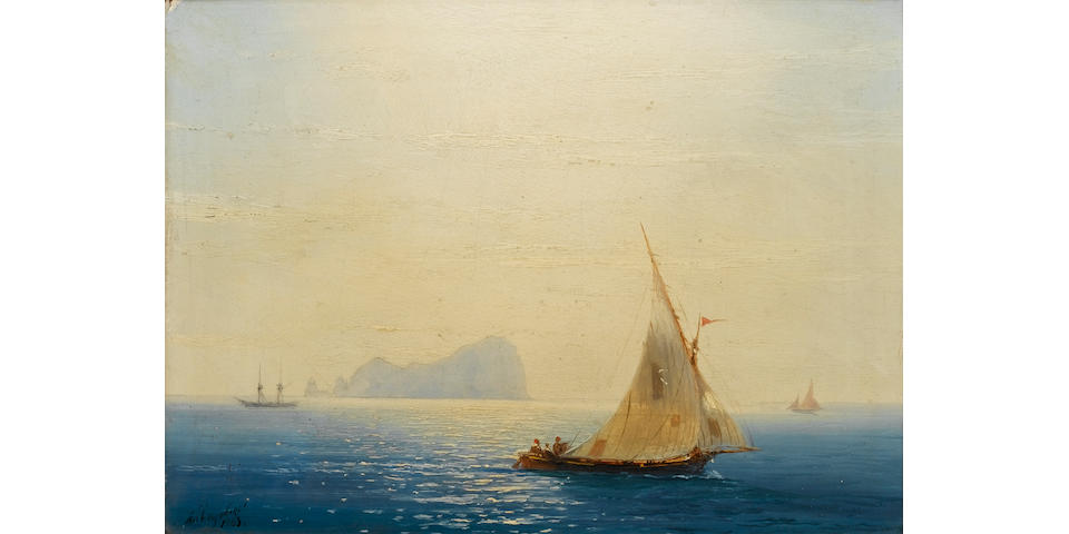 Ivan Konstantinovich Aivazovsky (Russian, 1817-1900) Sailing boats off Capri 18 x 24 cm. (7 x 9 1/2 in.)