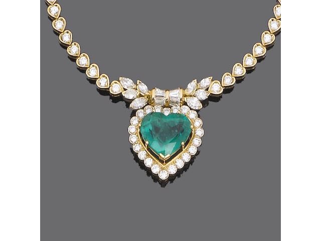 An emerald and diamond pendant necklace