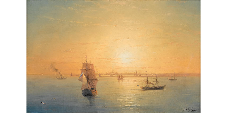 Ivan Konstantinovich Aivazovsky (Russian, 1817-1900) Russian shipping at sunset 24 x 37 cm. (9 1/2 x 14 1/2 in.)