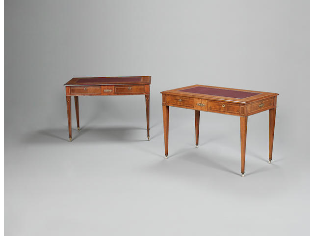 A fine near pair of mid-Victorian inlaid walnut and rosewood writing tables stamped H. Mower & Stephens, London