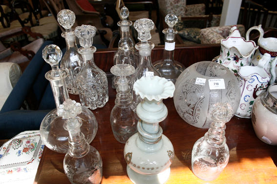 Nine various decanters,