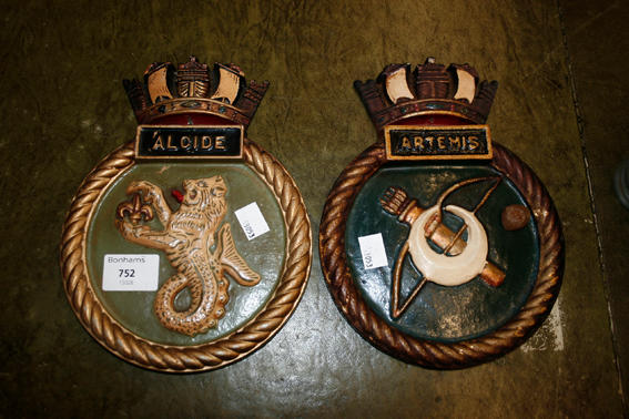 Two cast metal ship's plaques