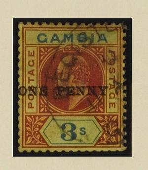 Gambia: 1906 1d. on 3/- variety surcharge double, used with registered cancel, a little light staining at top, some perfs. a little blunted but very scarce, B.P.A. Certificate (2003). SG 70a, &#163;5,000. (456)