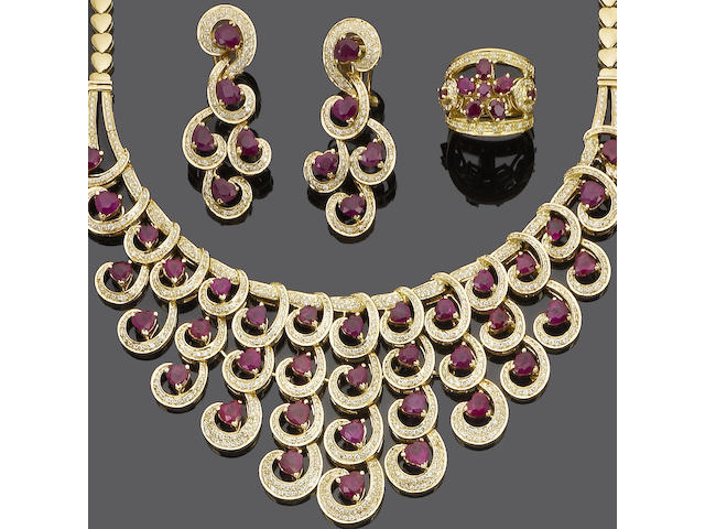 A ruby and diamond necklace and earring suite and a ruby and diamond bracelet and ring suite (4) (partially illustrated)