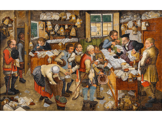 Pieter Brueghel the Younger (Antwerp 1564-1638) The Payment of the Tithes 54.2 x 86.6 cm. (21 3/8 x 34 1/8 in.) the reverse stamped with the coat-of-arms and the hands of the City of Antwerp