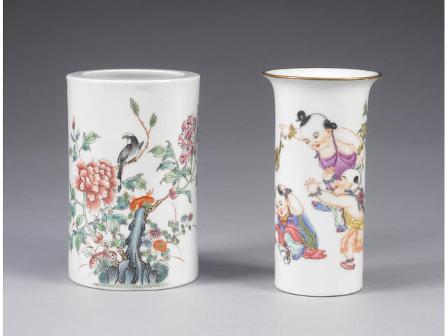 Two famille rose cylindrical vases One with Hongxian four-character mark and one with Qianlong four-character mark