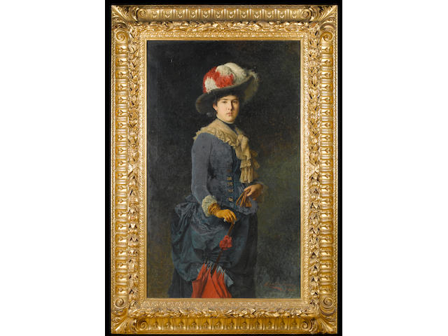 Eduardo Gelli (Italian 1853-1933) Portrait of a young lady, wearing a blue dress and carrying a parasol 144 x 84cm (56 3/4x 34in)