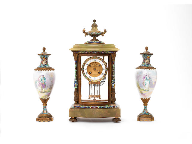 An late 19th century onyx and champleve enamel mantel clock garniture J.W.Benson, London, the movement stamped Mougin