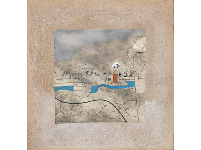 Ben Nicholson O.M. (British, 1894-1982) Rhodos Etching, 1967, with extensive pen and ink and gouache additions, on wove paper, mounted onto the original back board, prepared by the artist. Signed, dated, titled and dedicated in pencil on the paper and board verso; in excellent condition, 152 x 152mm (6 x 6in)(SH) 250 x 250mm (9 7/8 x 9 7/8in)(board)
