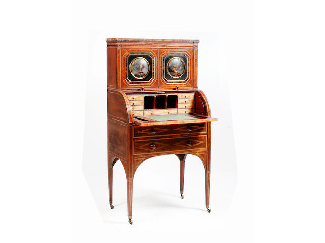 A late George III rosewood, burr yew, satinwood and calamander banded Bonheur du Jour possibly attributable to Seddon, Sons & Shackleton