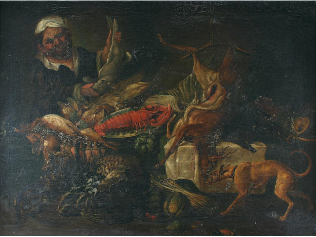 Manner of Frans Snyders Still life with game, seafood, and vegetables, with greyhound and servant displaying a hare,