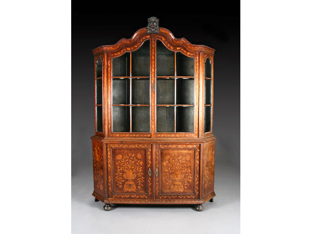 A mahogany Anglo-Dutch floral marquetry display cabinet, 19th Century