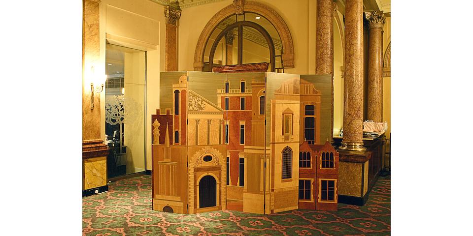 A five panel specimen wood marquetry screen