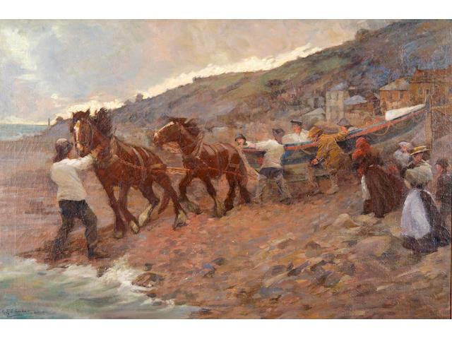 Caroline St. C. Graham (British, active 1908-1913) 'Launching the lifeboat, Penzance'