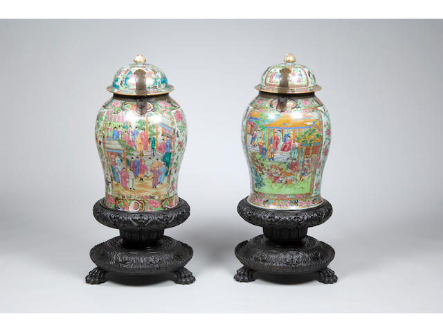 A pair of Cantonese storage jars and covers