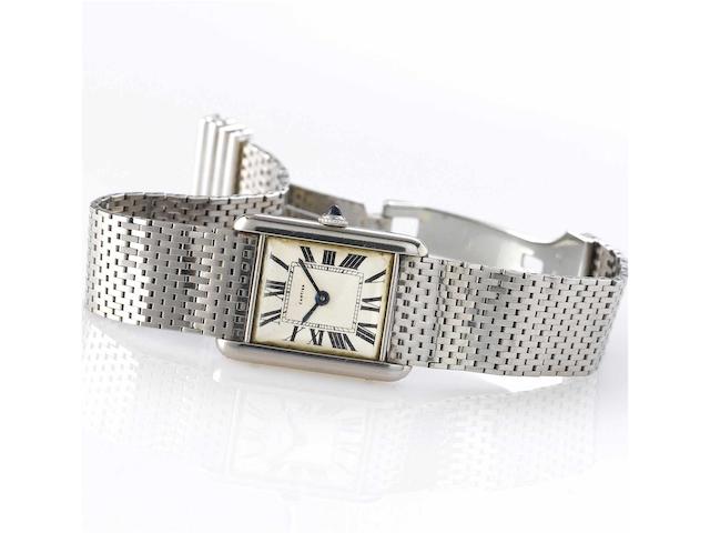 Cartier. A fine and rare 18ct white gold rectangular wristwatch with 18ct white gold Cartier braceletTank, Case No.9120, Movement No.1201761, London Hallmark for 1960