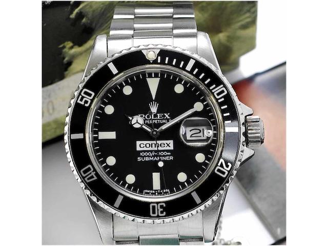 Rolex. A rare stainless steel automatic centre seconds divers watch made for Comex together with original guarantee papers and fitted box Submariner, 'Comex 6014' Ref:16800, Case No.7276905, 1983