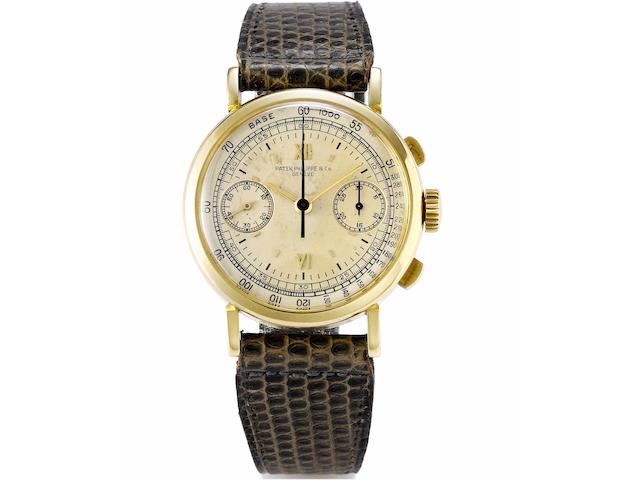Patek Philippe. A fine and very rare 18ct gold chronograph wristwatch together with original Patek Philippe fitted box and Extract from ArchivesRef:591, Case No.621706, Movement No.862473, Made in 1940, Sold December 4th 1940