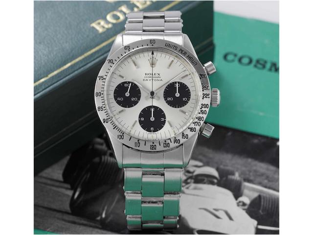 Rolex. A fine and rare stainless steel chronograph wristwatch with original box and instructionsRef:6239, 'Cosmograph Daytona' circa 1970