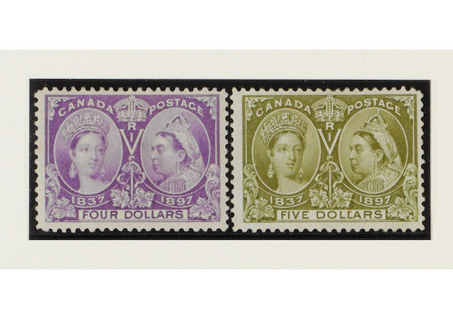 Canada: 1897 Jubilee &#189;c. to $5 set mint, $1 and $5 with some gum redistribution, $3 with light bend otherwise mainly fine. (301)