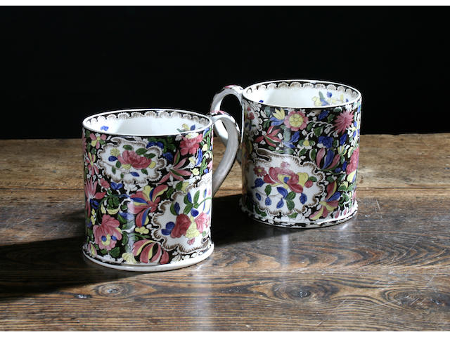 A pair of Staffordshire frog mugs, circa 1830
