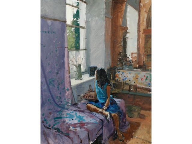 Ken Howard R.A. (British, born 1932) Sarah, Harmony in Blue 76.2 x 61 cm. (30 x 24 in.)