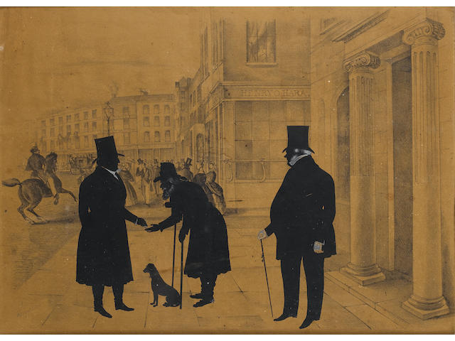 Stephen O'Driscoll (Irish, born circa 1825-1895) A Silhouette Conversation Piece, depicting Father Mathew presenting alms to the King of the Cork Beggars whilst Daniel Callaghan M.P. looks on, Mathew in profile to the right, wearing frock coat, white stock and tall hat, the beggar in the profile to left, wearing long coat and broad-brimmed hat, a crutch under each arm, holding a dog on a lead in his left hand, Callaghan in profile to the left, wearing trousers, coat, high white collar and tall hat, a tasselled cane in his gloved right hand, shown outside the Victoria Hotel, Cork, a street scene with riders and pedestrians behind