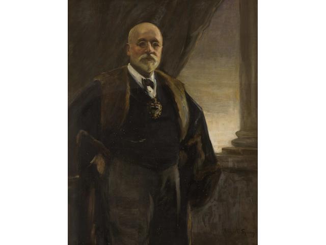Annie E Spong (1870-1957) Three quarter length portrait of J.E. Anderson, standing wearing mayoral badge beside a classical column, a drape behind, 119 x 83.5cm.