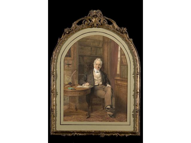 George Elgar Hicks, RBA (British, 1824-1914) Portrait of Edward Hicks of Lymington, Hampshire, seated at a drum table in his library, 38.5 x 28cm.