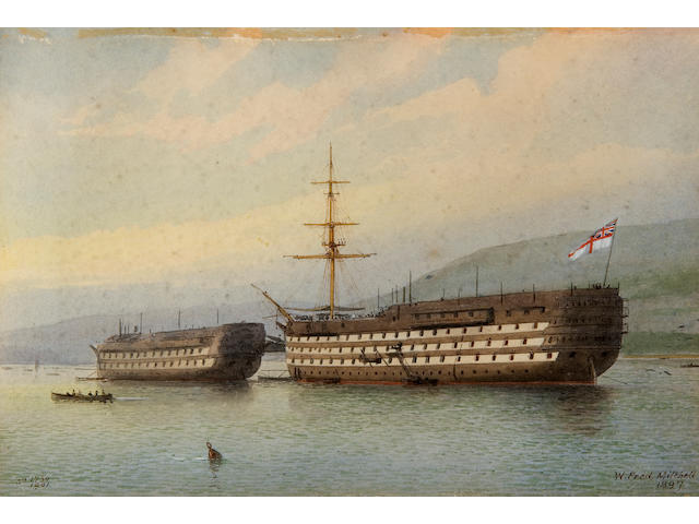 William Frederick Mitchell (British, 1845-1914) H.M.S. Britannia Dartmouth (1879-1881), 16.5 x 24.5cm,  (together with a watercolour of H.M.S. Excellent Portsmouth 1886, inscribed No.1714 1912, titled in pencil verso. (a pair) (2))