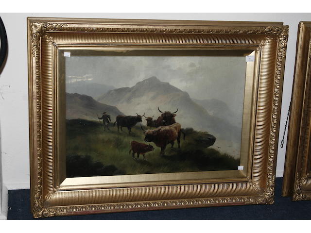Harald R. Hall (British, 1866-1902) Highland cattle watering in a misty landscape, signed, oil on canvas, and a companion, Highland Shepherd, each 49 x 74cm, and contained in original gilt gesso moulded frames.