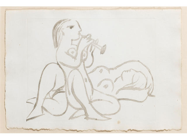 Pablo Picasso (Spanish, 1881-1973) Fl&#251;tiste et Dormeuse Monotype, 1933, on watermarked Arches a la Main paper, with deckle edges; one fox mark lower plate edge, three pin head size fox spots in the image and another right margin, hinge mounted, some scuffing from previous hinge mounting reverse top sheet edges, a little grubby at sheet edges, otherwise in good condition, 150 x 185mm (5 7/8 x 7 1/4in)(PL)