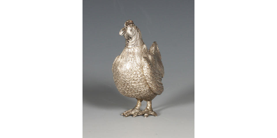 A late Victorian silver novelty pepper in the form of a hen By Thomas Johnson, 1882,