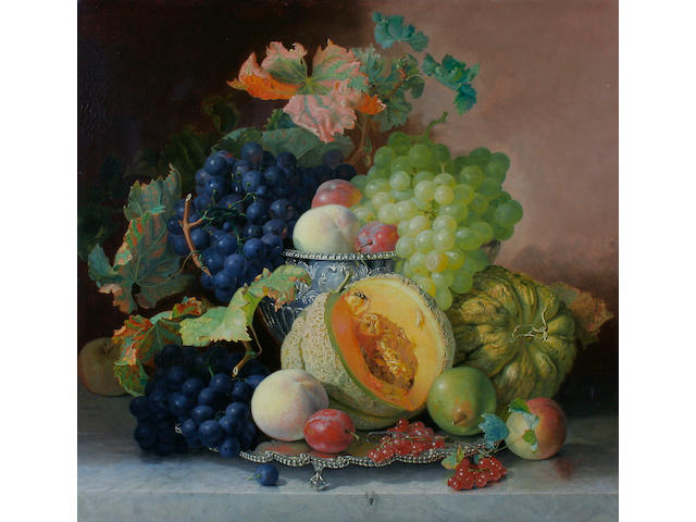 Eloise Harriet Stannard (British, circa 1828-1915) Still life of grapes, melon, pears plums and peaches in a silver bowl,