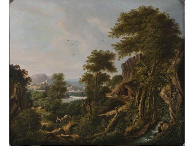 Early 19th Century German School Extensive wooded, mountainous landscape with figures, town in the distance, 62.5 x 72cm.