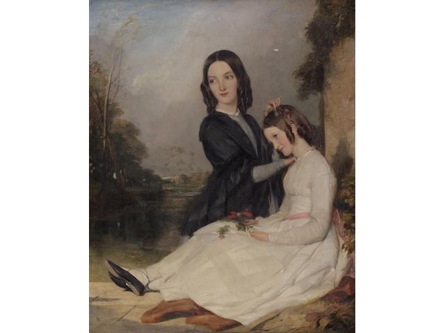 English School (C1850) Portrait of Louisa and Charlotte Feilden, by a pillar in parkland, 72 x 49cm.