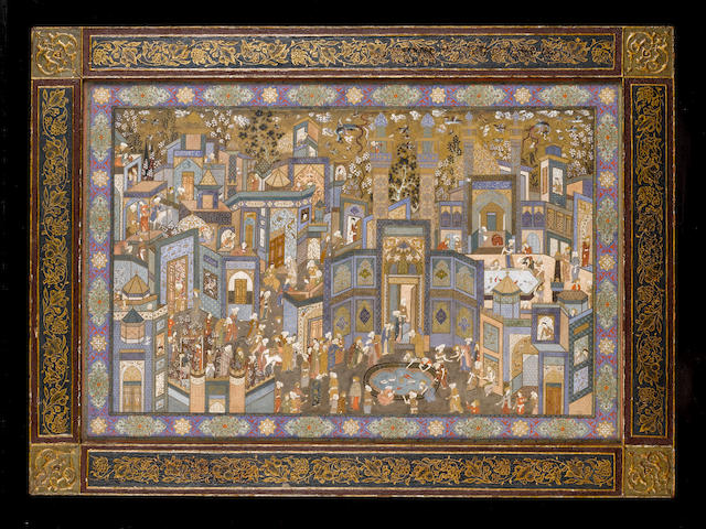 A large painting entitled The Call to Prayer, depicting scenes of city life, signed by Hajji Mirza Husain al-Mussavar al-Maleki Persia, Isfahan, dated AH 1349/AD 1930
